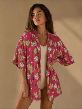 Berry N Cream Pink Cactus Southwestern Kimono Cardigan Boho Top M/L
